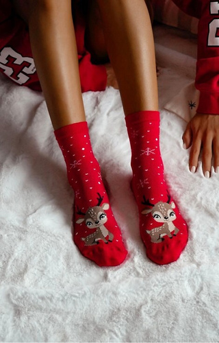 1283-036 Damensocken Little Reindeer Milena rot - Weihnachten, bunt, Baumwolle