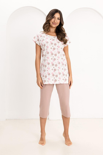 Damen Pyjama Regina 730 aus 100% Baumwolle – Kurzarm-Shirt mit bunten Punkten, 3/4 Hose, Atmungsaktiv & Sommerlich