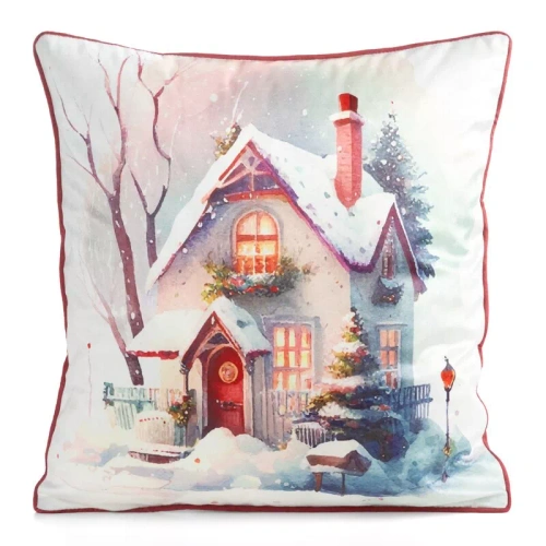 CHP384 Eurofirany Weihnachtskissenbezug 45x45 Samt mit Druck und Paspelierung