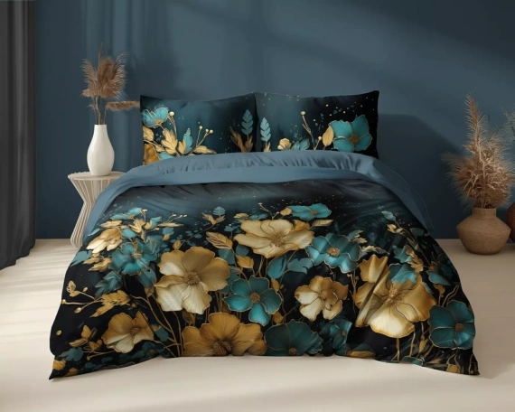 5118 Eine dunkle Baumwollbettwäsche von Holland Detexpol mit goldenen und türkisfarbenen Blumen – 100 % Baumwolle, doppelseitig, polnische Produktion