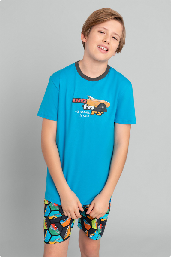 Comic Kurzarm-Schlafanzug für Jungen, Hose Italian Fashion - türkis/print