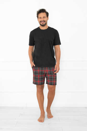 Rusoli Herren Schlafanzug Italian Fashion dunkel melange - karierte Baumwolle kurz bequem