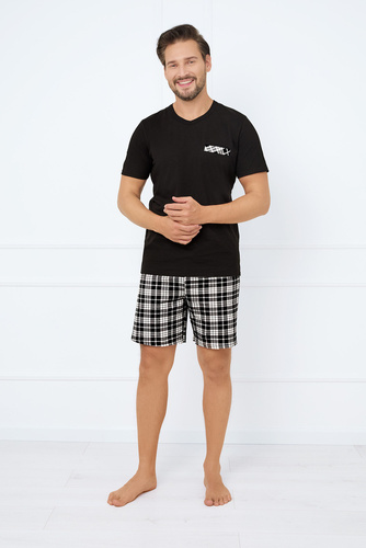 Klark Herren Kurzarm-Pyjama, Shorts Italian Fashion - schwarz/print