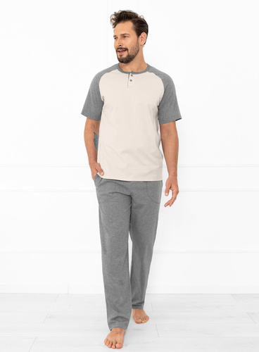 Alexander Italian Fashion Herren Schlafanzug beige - Baumwolle, Poloshirt und Hose