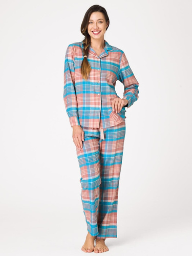 Damen-Pyjama Key LNS 435 in Meerblau – Flanell, zum Knöpfen, 100% Baumwolle
