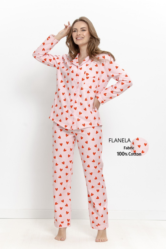 Damen-Pyjama Taro Sorella 3628 Flanell 100% Baumwolle Zum Knöpfen Herzen