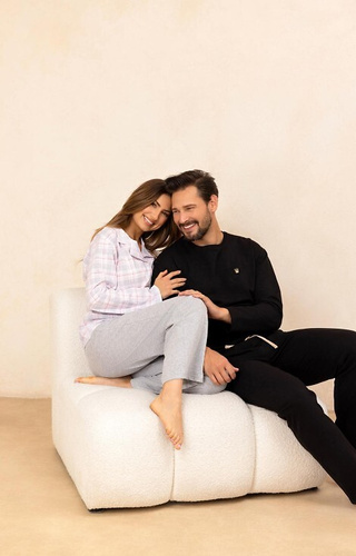 727 Damen-Pyjama Regina grau – 100 % Baumwolle, kariert, Hemd mit Knöpfen