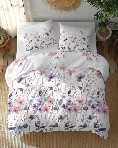 5773 B Cotton Bloom Detexpol weiße Baumwollbettwäsche mit rosa und lila Wildblumen – 100 % Baumwolle, doppelseitig, polnische Produktion