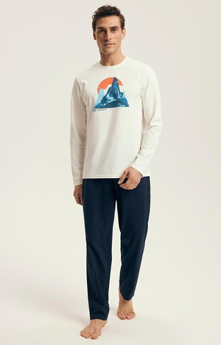 43475 Loji Henderson Core Herrenpyjama weiß – Baumwollset mit Bergdruck