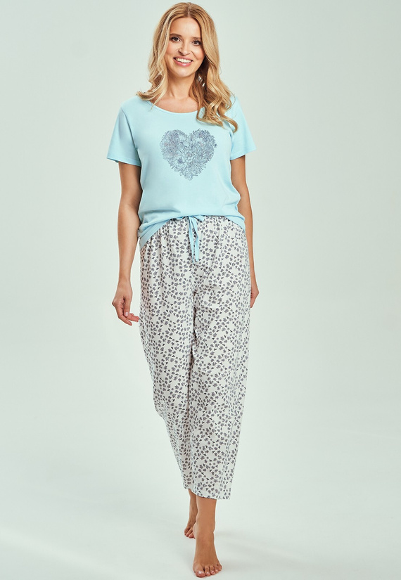 Damenpyjama Alessia 3513 – 100% Baumwolle, Kurzarmshirt, 7/8-Hose, natürlicher Schlafkomfort