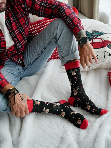 1290-029 Milena Herren-Weihnachtssocken Schwarz – Rentier | Zuckerstangen, Baumwolle