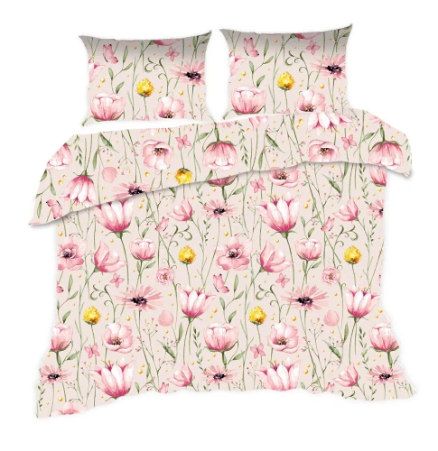 1744N Baumwollbettwäsche Classic E24 Karoblumen beige puder – 100 % Baumwolle, langlebig, farbenfroh, 2-teiliges Set