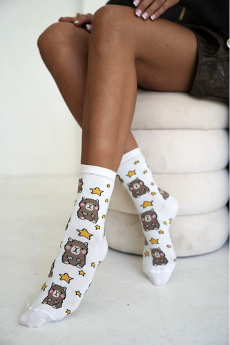 Damen Socken Milena 0200-262 Kapibaren Sterne Baumwolle Gemustert - ecru