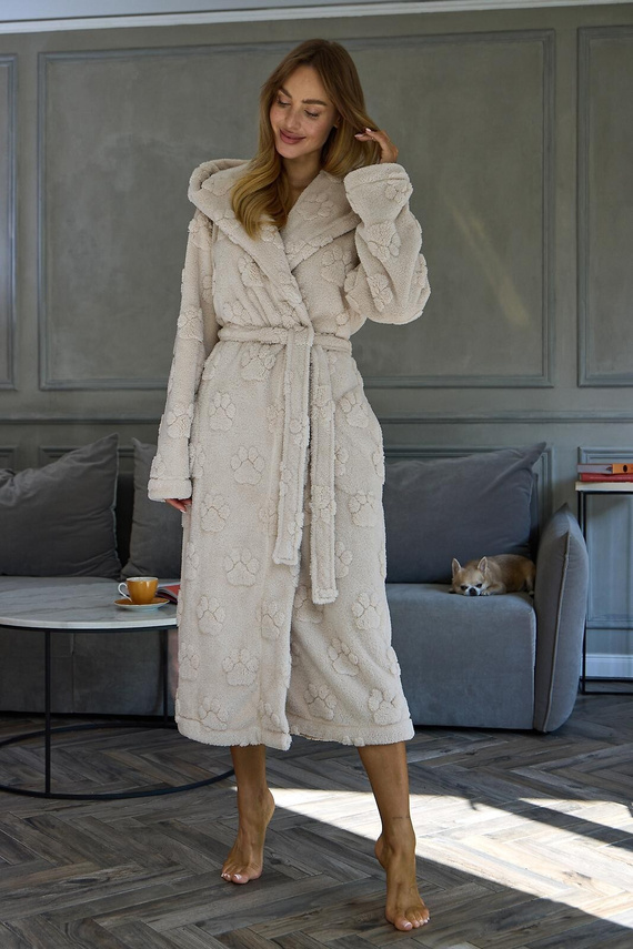 L&L Fibi 2635 Damen langer Bademantel mit Kapuze, weich, Hunde Pfoten - Angora