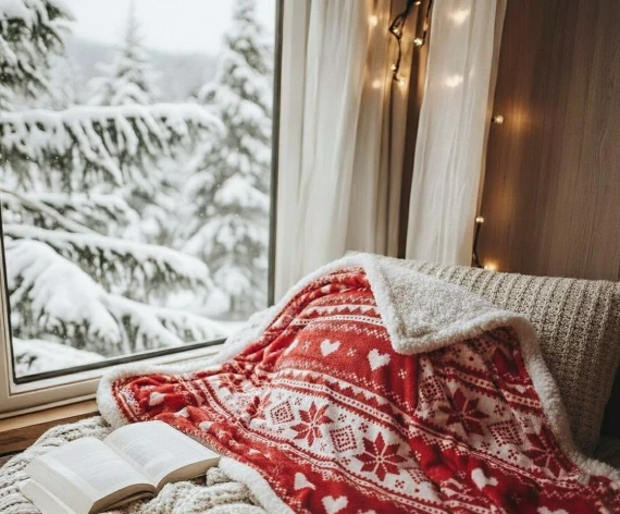 Rote SACO-Weihnachtsdecke – weich und warm mit norwegischem Schneeflockenmuster in einer dekorativen Tasche