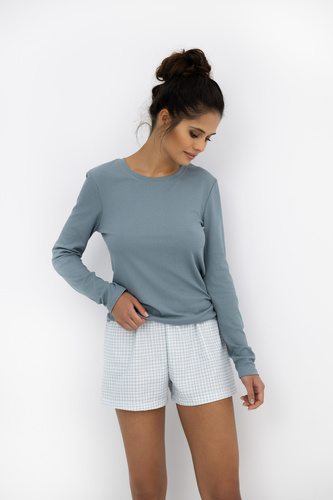 Kaitlyn Sensis Damen-Pyjama – Langarm-T-Shirt und karierte Shorts