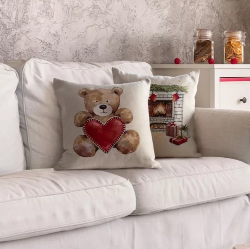 Chp 6028 Gobelin Weihnachtskissenbezug Teddybär Herz Eurocurtains beige