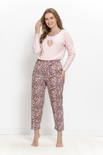 Damen-Pyjama Taro Pinki 3622, 100% Baumwolle, lang, puderfarbene Pantheroptik