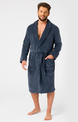 MGL 255 B25 Marineblauer Herrenbademantel – klassisch, weich, in der Taille gebunden