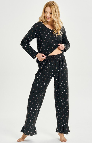 3440 Mina Taro Damenpyjama, Marineblau – Baumwolle mit Blumen, lange Ärmel