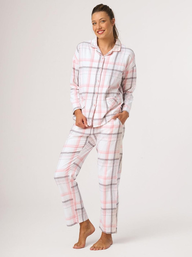 Damen-Flanell-Pyjama Key LNS 415 B26 weiß kariert, 100% Baumwolle