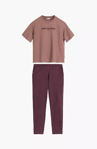 Atlantic NLP-516 Damen-Pyjama 100% Baumwolle Kurzarm Lange Hose Weinrot