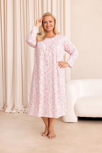 Nachthemd Regina 021 100% Baumwolle Langarm Pflanzliches Muster - rosa