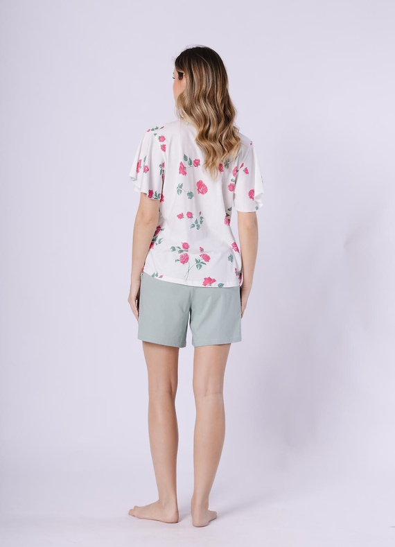 Damenpyjama Vivian Leveza 1725 aus 100 % Baumwolle – Sommerpyjama mit Flügelärmel-Shirt und kurzen Shorts