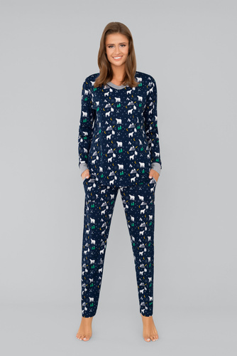 Ava Damen Schlafanzug mit langen Ärmeln und Hose Italian Fashion - marineblauer Druck