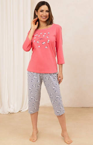 707 Regina rosafarbener Baumwollpyjama – Damen, 3/4-Ärmel, Blumenmuster