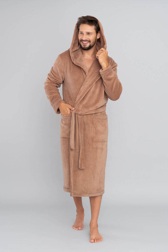 Mimas Herren Bademantel mit Kapuze Italian Fashion- camel 