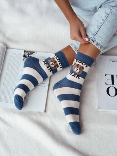 0200-146 Teddybär/Streifen Milena Damensocken – Jeans/Ecru
