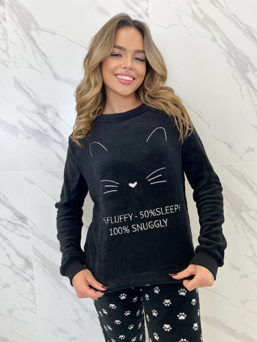 Fulvia Sorbetto Damenpyjama schwarz – Superweiches Fleece mit Katze und Pfoten