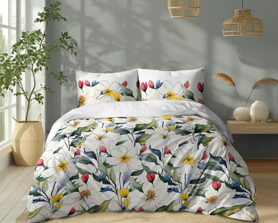 5774 A Cotton Bloom Detexpol weiße Baumwollbettwäsche mit bunten Blumen – 100 % Baumwolle, doppelseitig, polnische Produktion