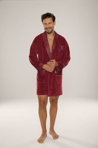 866 Noble Men's De Lafense Velours Bademantel - kurz, elegant, Baumwolle - burgunderrot