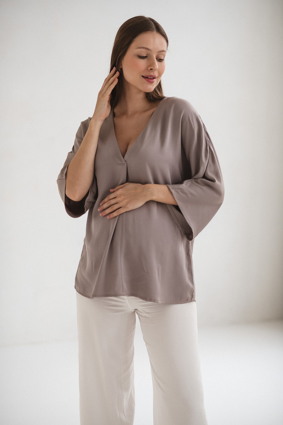 Mamafullness Milk&Love Umstands-Stillbluse, Beige – Viskose, 3/4 Ärmel, Übergröße