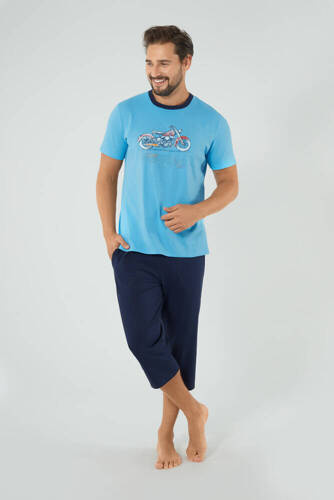 Junak Herren Kurzarm-Pyjama und 3/4 Hose Italienische Mode - blau/grün