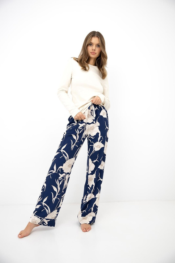 Sensis Azelia Damen Baumwoll-Pyjama Ecru mit Blumenmuster, lange Hose