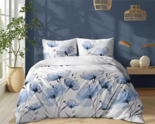 5496 A Weiße Baumwollbettwäsche mit blauen Aquarellblumen Naturalis – Detexpol