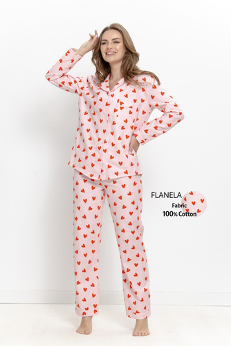 Damen-Pyjama Taro Sorella 3628 Flanell 100% Baumwolle Zum Knöpfen Herzen