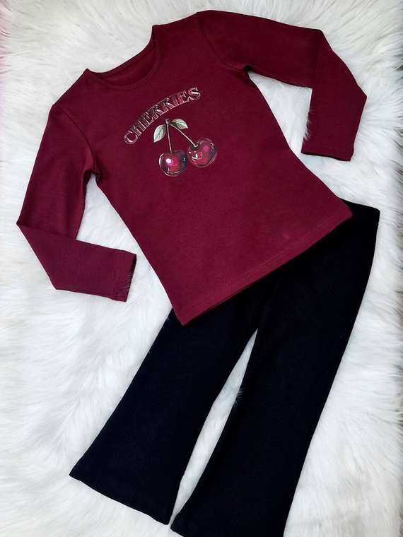 Burgunderrote Mädchenbluse Cherries Bambarillo – Baumwolle, lange Ärmel, mit Aufdruck