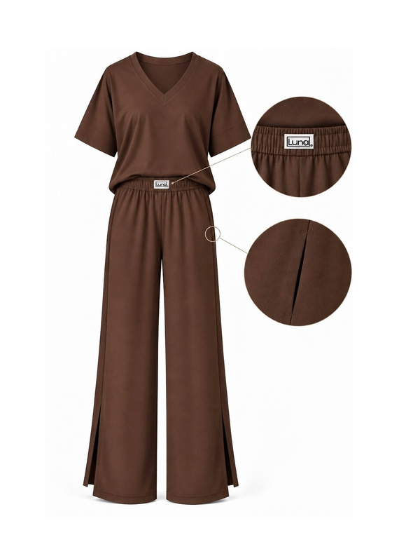 Luna 1314 Damen Oversize-Pyjama braun 100% Baumwolle, weite Hose