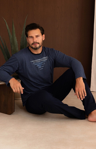Herren-Pyjama Regina 6007 100% Baumwolle Lang mit Grafik - marineblau