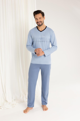 Regina 495 – blauer Herren-Baumwollpyjama mit langen Ärmeln, klassischer Schnitt