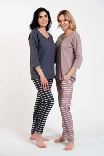 Betty Damen 3/4 Ärmel Schlafanzug, lange Hose Italian Fashion - cappuccino/print cappuccino