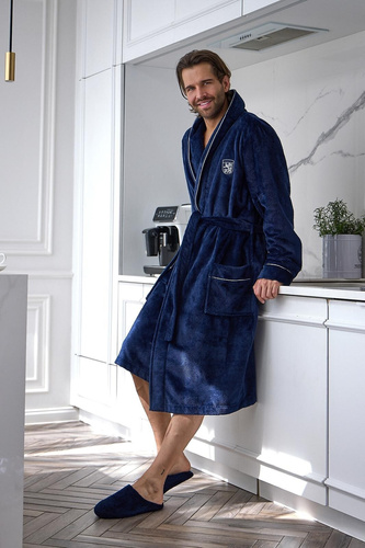 L&L 2661 Eleganter Herrenbademantel Klassischer Kimono-Kragen Weich Dunkelblau