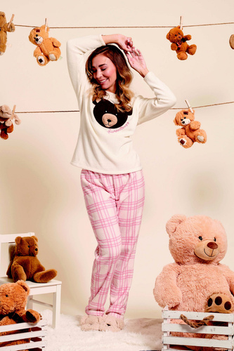 Madlen Piżama damska Sorbetto ecru – polarowa, z haftem misia i spodniami w kratkę