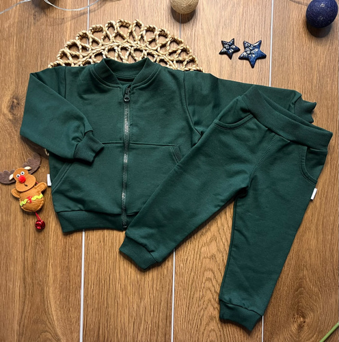 Mamatti DR919 grüner Kinder-Jogginganzug aus Baumwolle mit Reißverschluss, Stehkragen, Hose und Taschen