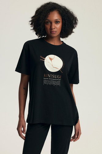 Damenpyjama 43728 Dairoku schwarz – Baumwolle, kurze Ärmel, Fischerhose