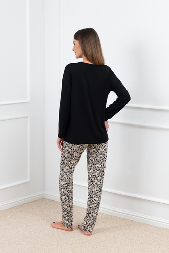 Birma Damen Schlafanzug langarm, lange Hose Italian Fashion - schwarz 